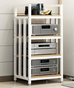 Meuble Rack Audio À 4 Niveaux, Meuble Hi FI AV, 50 × 40 × 100 cm, Support de Rangement Multifonctionnel, Meuble Audio Vidéo, Meuble Stéréo Ouverte, Cadre en Acier(White+Natural)