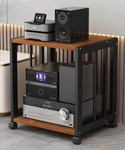 Meuble Rack Audio, Meuble Stéréo Multimédia Moderne, Meuble Hi FI avec Étagères Réglables, Cadre en Acier Stable, pour la Maison, Le Bureau, Le Théâtre(Black+Brown,2 Tier 50x40x49CM)
