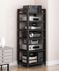 Support Audio Et Vidéo À 6 Niveaux,meuble hifi,Support Multimédia Audio Et Vidéo D'angle For TV,meuble chaine hifi Rangement Audio Et Vidéo For Bureau À Domicile,meuble chaine hifi roulette(Black)