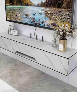 Meuble TV mural brillant avec porte à rabat – Console multimédia moderne pour salon, chambre à coucher – Armoires de rangement murales