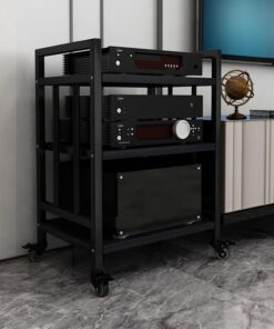 YVYKFZD Meuble HiFi AV à 3/4 niveaux, Meuble Rack Audio étagère d'angle mobile, Meuble Audio Vidéo pour armoire stéréo portable, Meuble stéréo armoire de stockage multimédia ouverte(Color:Black 15.7"x