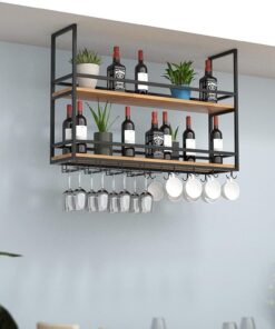 Casier à vin Mural Industriel avec Support en Verre et étagère en métal pour Bar de Plafond, Support pour Verres à vin, Support pour Bouteilles de vin Suspendu à 2 Couches, Support