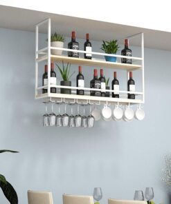 Casier à vin Mural Industriel avec Support en Verre et étagère en métal pour Bar de Plafond, Support pour Verres à vin, Support pour Bouteilles de vin Suspendu à 2 Couches, organis