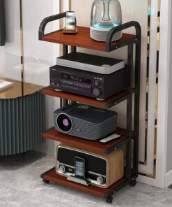 Meuble Hi FI, Meuble Audio Vidéo avec poulies en Bas, Poignée Arrondie en Haut, Meuble stéréo Ouvert, Cadre en métal, Adapté aux Consoles de Jeu/Apple TV/PS4(Walnut Color)