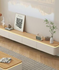 Meuble TV Suspendu en Bois，Support TV flottant de grande taille avec tiroir，Centre de Console multimédia de Divertissement Avec éclairage d'ambiance，avec Grand Espace de Rangement,pour le salon(200*29