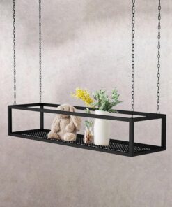 Étagères flottantes en métal Noir, casiers à vin Suspendus, Support à vin à Hauteur réglable, Support de Rangement de décoration de Plafond pour Bar, café, Cuisine (120 x 25 x 15 cm)