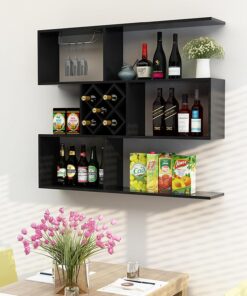 Étagère à Bouteilles multifonctionnelle pour Le Stockage du vin, étagère à vin Murale en Bois, étagère Simple avec Support pour Verres à vin, Grande vitrine de Bar pour Alcool, sal