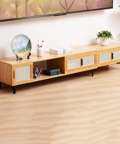 Meuble TV avec 2 Tiroirs, Centre de Contrôle des Médias Audiovisuels a Longueur Réglable, Plage de Réglage de la Longueur 126~210 cm, pour Téléviseurs de Moins de 65" (Size : Natural)