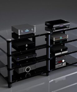 Support Équipement Audio 1-4 Niveaux, Meuble Média AV & Stéréo | Meuble Média d'Angle & Étagère Audio-Vidéo pour Centre Divertissement Familial(Black Gold Vein,4-Tier)
