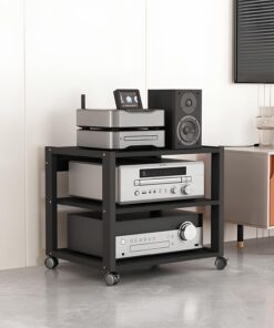 Générique Support multimédia AV, Armoire stéréo sur Pied à 3/4/5 Niveaux, étagère de Rangement pour CD Audio, Support de Tourne-Disque Mobile avec roulettes, pour cinéma Maison, Noir (3 Niveaux)