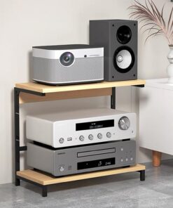 Meuble Hi FI À 2 Niveaux, Rack Audio Au Sol, Meuble Rack Audio Ouvert Multifonctionnel, Meuble Audio Vidéo, Centre De Divertissement d'angle, Cadre Noir Couleur Bois