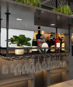Casier à vin Noir pour Bar, Restaurant, étagère de Rangement Murale au Plafond avec Verres à Pied Suspendus, Support de Verres à Champagne, Supports muraux rétro Vintage en m