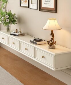 Générique Meuble TV Flottant Blanc, Console multimédia Murale Moderne pour téléviseurs jusqu'à 100 Pouces, Rangement spacieux avec Portes, Centre de Divertissement 220 cm