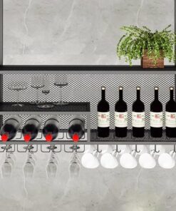 Porte-Bouteilles de vin Industriel Vintage à Suspendre avec Support à Verres à Pied, étagère de Rangement montée au Plafond pour Bars et Cuisines, Grande capacité, Noir et Or, 100 cm