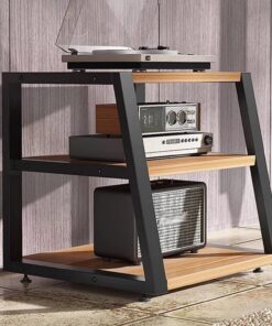 Étagère audio en bois massif avec pieds en acier métallique, système d'armoire de rangement multimédia à plusieurs niveaux – Rack de rangement pour équipement électronique et audio