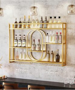 Étagère à vin Murale Moderne avec éclairage LED, étagères flottantes en métal pour Suspendre des Verres à vin et des Bouteilles d'alcool, Grande capacité de Rangement pour Bar, Cave à vin, c