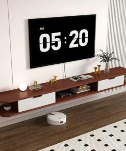 Meuble TV Flottant, Console Multimédia Murale avec 2 Tiroirs | Convient aux téléviseurs de 43 à 98 pouces, Coins arrondis, bois massif, rangement ouvert(Teak,200CM/78.7IN)