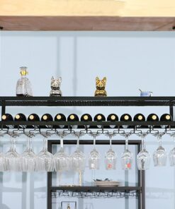 Casier à vin Suspendu avec Support en Verre et étagère, casier à Bouteilles de vin réglable en métal au Plafond, casier à Bouteilles de vin Suspendu à 2 Couches pour Bar, casier à vin en Fer