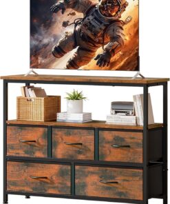 ZXLIHS Meuble TV, Table TV avec 5 tiroirs en Tissu 2 éères Ouvertes, Meuble TV, Table Console TV pour Salon, Chambre à Coucher, 100 x 80 x 30 cm (Marron)