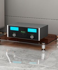 Meuble HiFi avec Panneau en Verre trempé, Meuble Audio Vidéo avec Pieds en Acier Inoxydable, Meuble stéréo avec Coussinets de Pied Absorbant Les Chocs(Brown,8cm/3.1in)