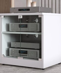 Meuble Stéréo, Meuble Hi FI avec Porte Vitrée, Support Audio avec Trous pour Câbles, Meuble de Rangement Meuble Rack Audio, Meuble TV, avec Étagères Réglables(Wit,2 Tier 120x48x37CM)