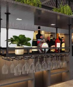 Casier à vin de Plafond avec Support en Verre, Support de Verre à vin Suspendu pour Bar et Restaurant, Support de Rangement pour Bouteilles de vin avec étagère en Verre à Pied (Tai