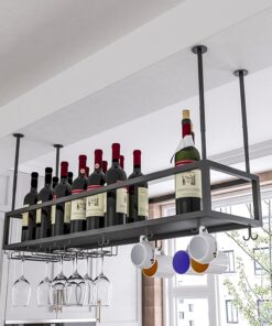 Casier à vin Suspendu au Plafond, décoration à l'envers, Porte-Bouteilles de vin de Style Simple en Fer Noir, Porte-Verres à Pied et Bouteilles de vin, pour la Maison, Les Bars, Le