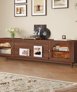 Meuble TV en Bois Massif, Banc TV, Armoire TV, Support de Télévision avec Porte Battante，Trou pour Câblage, Console Multimédia, pour Salon, Chambre À Coucher(Walnut Wood Color,160cm/62.9in)