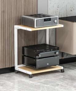 Étagère D'angle pour Support Multimédia AV,Support de Tourne-Disque avec Roues,Étagères Rack de Stockage Audio Vidéo,Stockage de CD,avec Support de Rangement,pour audio/vidéo Meuble Audio.(Wood color,