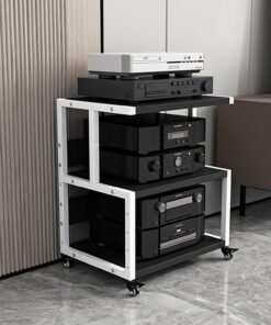YVYKFZD Meuble HiFi AV mobile, Meuble Rack Audio armoire de composants portable, Meuble Audio Vidéo étagère en bois de rangement ouverte, Meuble stéréo multimédia multifonction(Color:Black A,Size:3 Ti