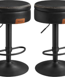 VASAGLE EKHO Collection - Tabouret de Bar Pivotant à 360°, Lot de 2, Hauteur Réglable, avec Rangement, PU avec Coutures, Style Moderne Mi-siècle, pour Cuisine, Bar, Montage Facile, Noir d Encre
