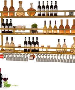 Porte Bouteille Vin Mural Casier à Bouteilles avec Porte-Verre et Lumière LED Casiers et Supports de Cuisine Meuble bar Etagere Vin Range Verre Rangement Bouteille de Vin pour Comptoir de Bar Salon(Go