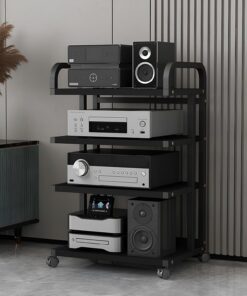 Support stéréo moderne avec roulettes, étagère audio-vidéo, support multimédia AV, armoire stéréo en bois, tour de support audio pour tourne-disque, pour salle d'enregistrement de jeu (noir,