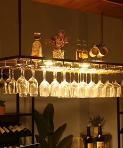 Casier à vin Mural Rustique avec éclairage et Support en Verre, Support de Verre réglable pour Bar de Cuisine