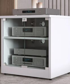 Meuble Hi FI, avec Portes en Verre Meuble Rack Audio,Meuble Audio Vidéo Divertissement, Meuble stéréo for Les Consoles de Jeux/lecteurs DVD/projecteurs/Accessoires TV(Wit,23.6x23.6)