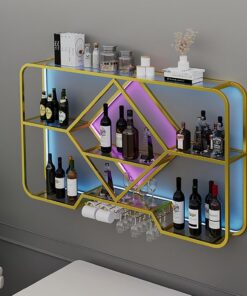 Casier à vin Mural avec étagère de Bar pour Un Rangement élégant du Bar à la Maison Étagère de présentation à gobelets Suspendue Simple et dorée pour Bouteilles de vin et Tasses