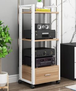 Meuble Hi FI, Rack Audio avec Tiroir, Meuble Stéréo avec Étagères Réglables, Support TV avec roulettes, Meuble Audio Vidéo Ouverte, Cadre en Acier Stable(Wit,3 Tier 50x40x120CM)