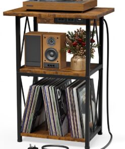 HFHOME Support de platine à disque vinyle 2025 amélioré avec station de charge, table d'appoint à 3 niveaux avec rangement pour disques vinyles, support de platine pour lecteur vinyle dans le salon ou