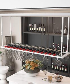 Casier à vin Industriel Suspendu avec étagère à Verres à Pied à Hauteur réglable et étagère à Oreillettes, Parfait pour Bar, café, Cuisine, Blanc 120 x 30 cm
