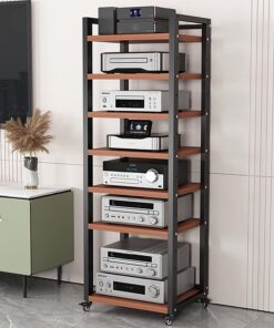 Meuble Hi FI AV À 7 Niveaux, Meuble Rack Audio Haut, Meuble Stéréo Mobile, Meuble Audio Vidéo Ouverte, Support TV avec Étagères Réglables, Cadre en Acier(Brown,50x40x161CM)