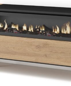 Skraut Home | Meuble TV | Banc Télé | Grand Espace de Rangement | 150x57x35cm | pour Les TV jusqu'à 65" | Cheminée électrique | Design Industriel | Style Moderne | Chêne et Noir