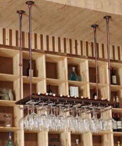 Casier à vin Industriel à Suspendre au Plafond, Support pour Verres à vin, gobelets, Verres à Pied, décoration, étagère, Organisateur pour Bars, Salons, cuisines/doré/100 x 35 cm