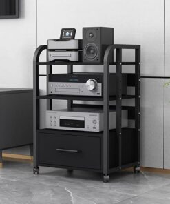 Rack Audio Mobile, Meuble Hi FI avec Tiroir, Meuble Audio Vidéo avec Étagère Réglable, Meuble Rack Audio Ouverte, for Le Divertissement, Tour Audio en Rack Noir(3-Tier H79cm/31.1in)