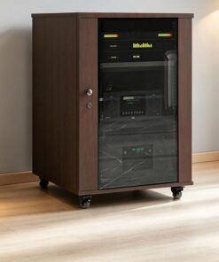 Meuble Hi-FI en Bois sur roulettes pivotantes, Support Multi-étages pour équipement stéréo, Rangement pour platines vinyles, amplificateurs et matériel Audio(Brown,22x22.4x32.2in)