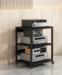 Support de Tourne-Disque avec Roues Universelles Étagères Rack de Stockage Audio Vidéo Stockage de CD Étagère D'angle pour Support Multimédia AV pour Le Salon La Salle de Jeux.(Nero,50x40x69.5cm)