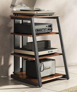 Meuble Stéréo À 4 Niveaux, Meuble Rack Audio AV avec Support Multiprise, Meuble Hi FI Ouverte, Meuble Audio Vidéo avec Étagères Réglables et Coussinets de Pieds Réglables