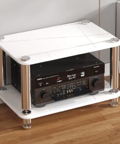 Meuble Rack Audio Vidéo, Meuble Stéréo avec Clous Amortisseurs, Meuble Hi FI Moderne, Panneau en Verre Trempé, Support Multimédia, Pieds de Cadre en Acier(Wit,2 Tier 60x40x38CM)