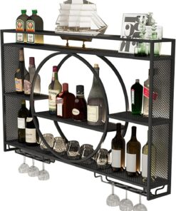 Casier à vin Mural Industriel, Porte-Bouteilles en métal, étagères flottantes pour Bar à 3 Couches, Support à Verres à vin inversé, présentoir de Rangement Multifonctionnel pour Le