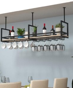 Support de Verre à vin de Plafond Multifonctionnel en métal et Bois pour Bar ou Cuisine, présentoir et Support de Rangement