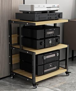 Meuble Hi FI Mobile, Meuble Rack Audio avec Étagères Réglables, Meuble de Rangement Stéréo Ouverte, Cadre en Acier Épaissi, pour Lecteurs, Accessoires TV(Natural,3 Tier 50x40x64CM)